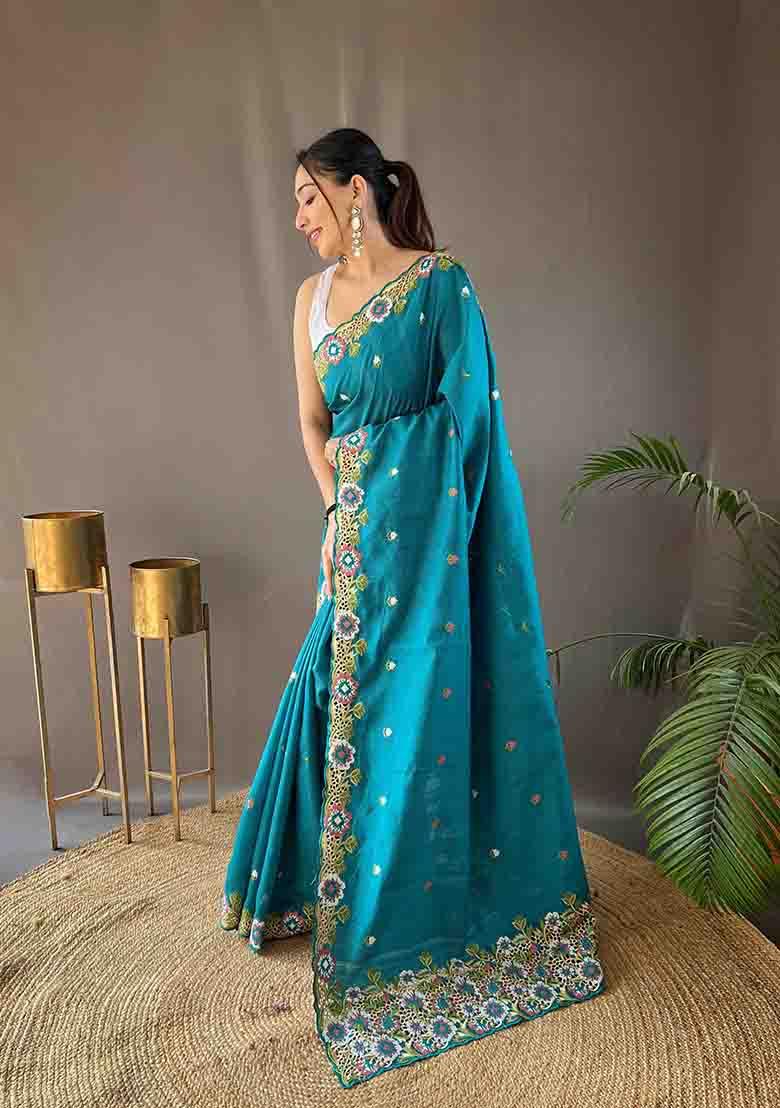 Sky Blue Embroidered Tussar Silk Saree Set