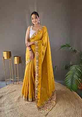 Yellow Embroidered Tussar Silk Saree Set