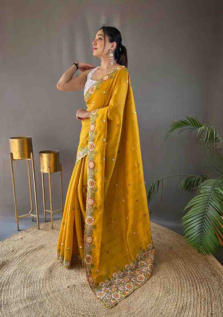 Yellow Embroidered Tussar Silk Saree Set