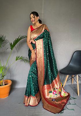 Green Mottif Pattern Silk Saree Set