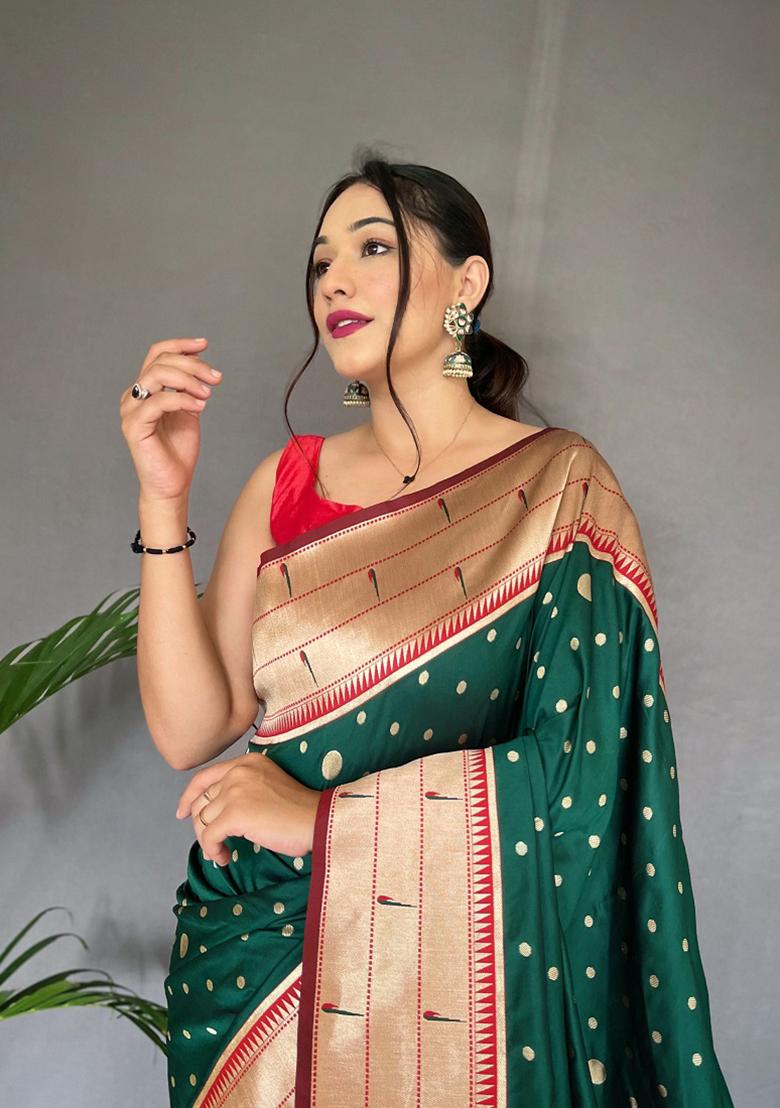 Green Mottif Pattern Silk Saree Set