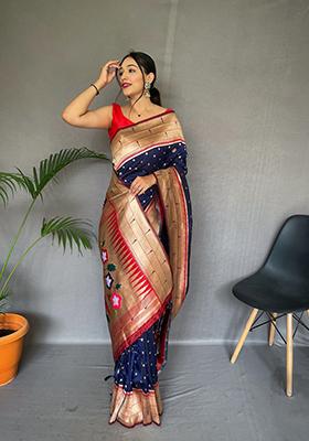 Navy Blue Mottif Pattern Silk Saree Set