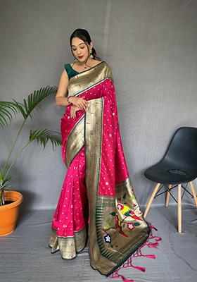 Pink Mottif Pattern Silk Saree Set