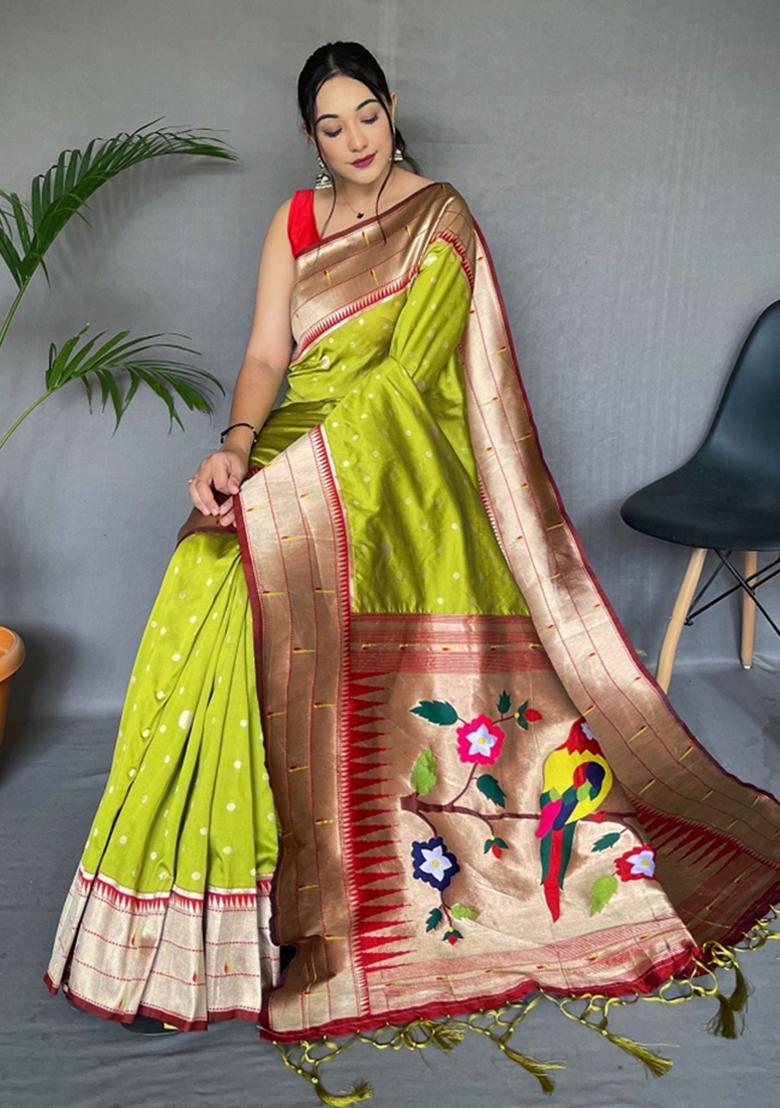 Pista Green Mottif Pattern Silk Saree Set