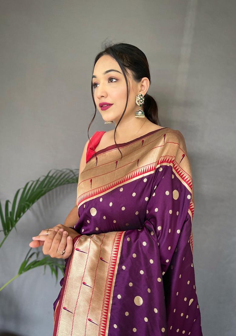 Purple Mottif Pattern Silk Saree Set