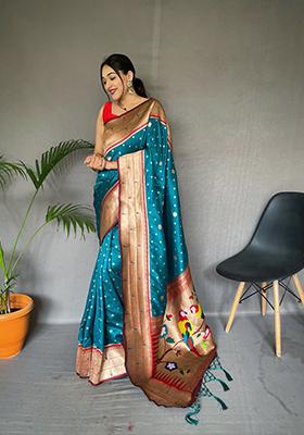 Rama Green Mottif Pattern Silk Saree Set