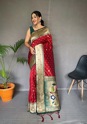 Red Mottif Pattern Silk Saree Set