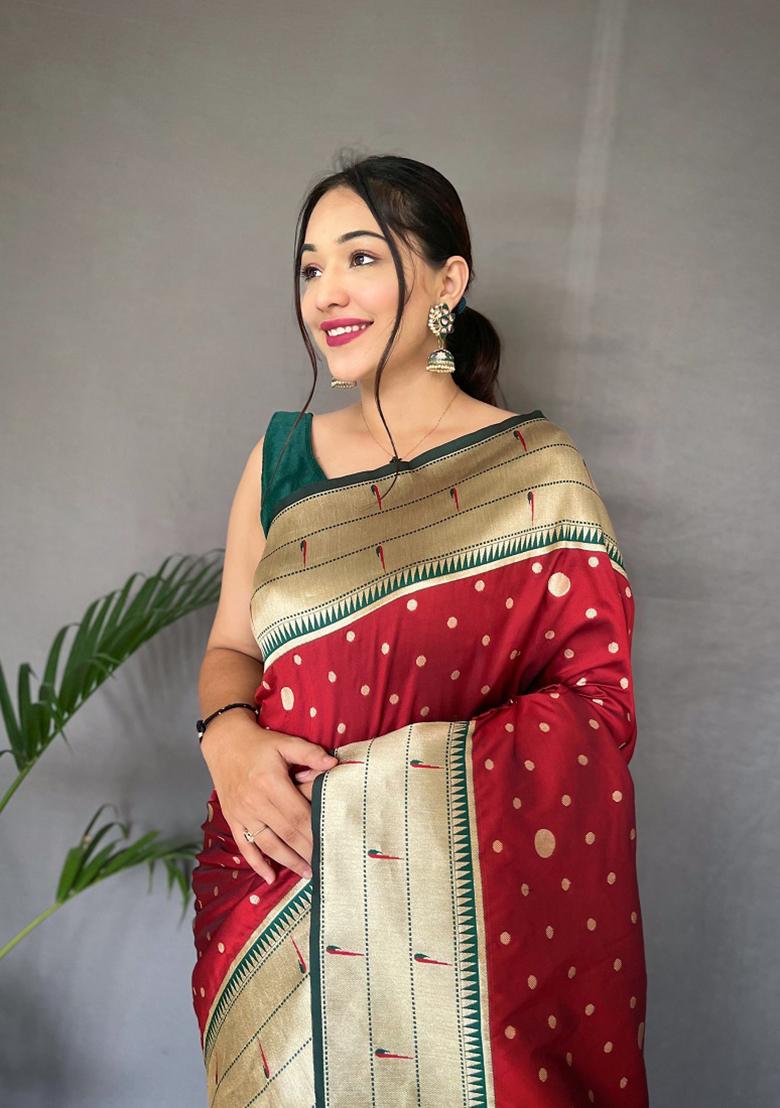 Red Mottif Pattern Silk Saree Set