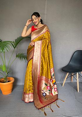 Yellow Mottif Pattern Silk Saree Set