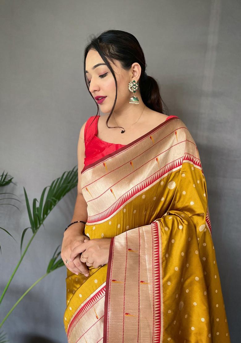 Yellow Mottif Pattern Silk Saree Set