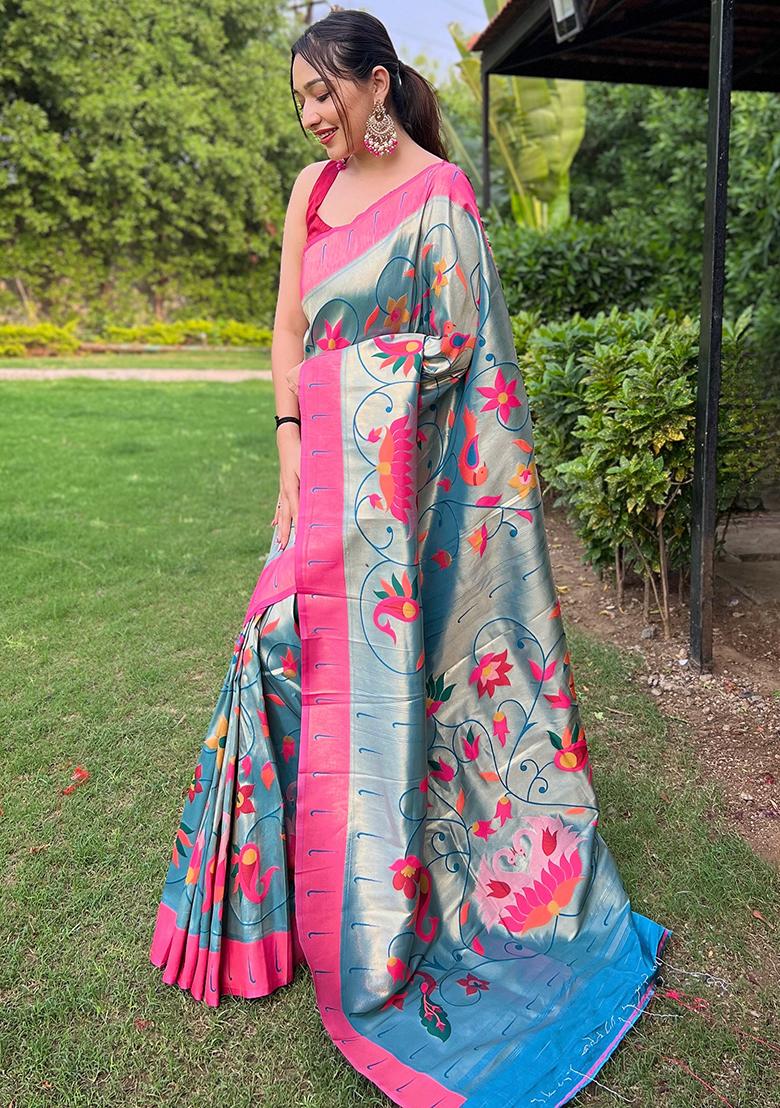 Denim Blue Meenakari Silk Saree Set