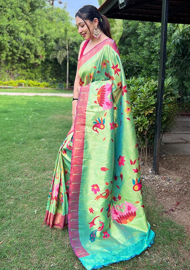 Lime Green Meenakari Silk Saree Set