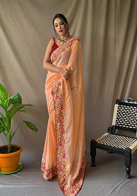 Peach Sequins Embroidered Georgette Saree Set
