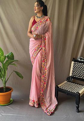 Pink Sequins Embroidered Georgette Saree Set