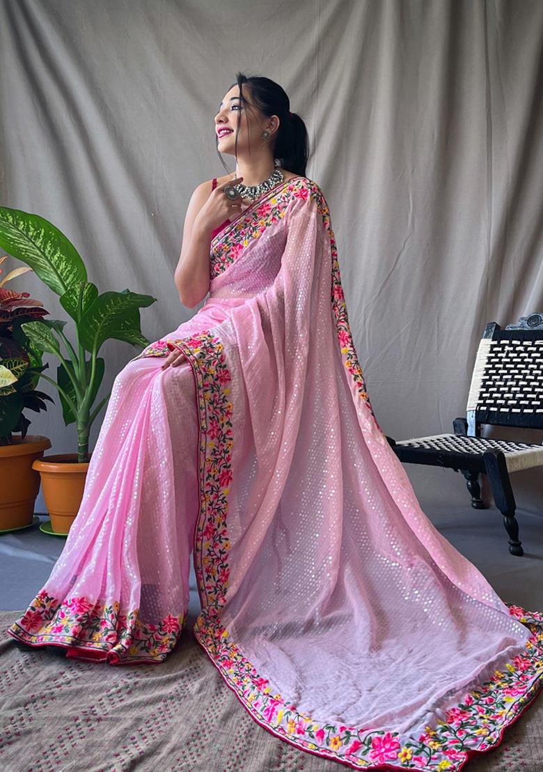 Pink Sequins Embroidered Georgette Saree Set