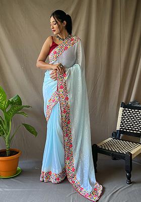 Sky Blue Sequins Embroidered Georgette Saree Set