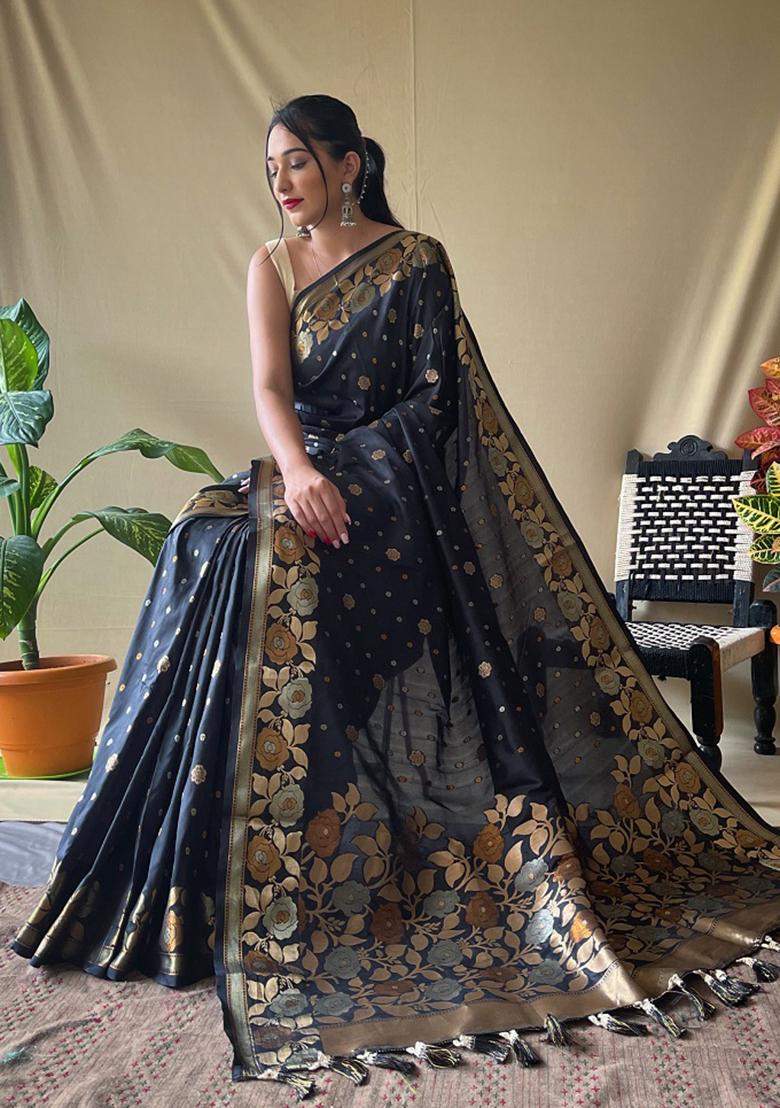 Black Zari Silk Saree Set