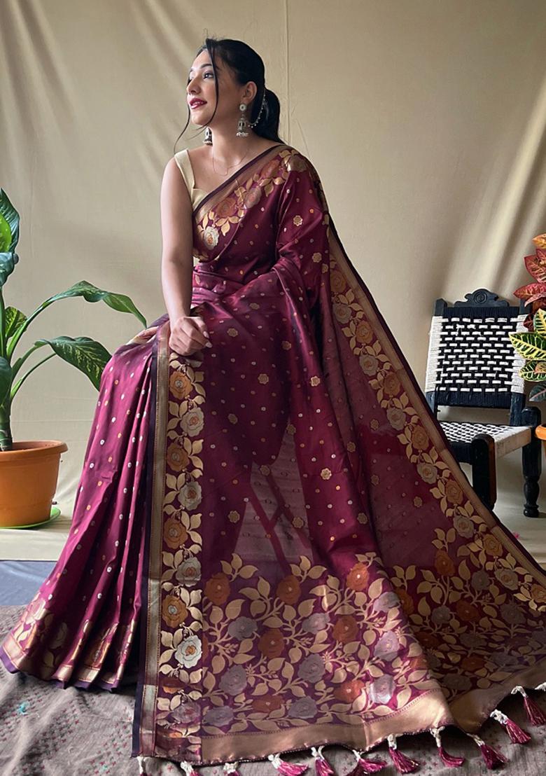 Brown Zari Silk Saree Set