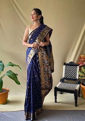 Navy Blue Zari Silk Saree Set