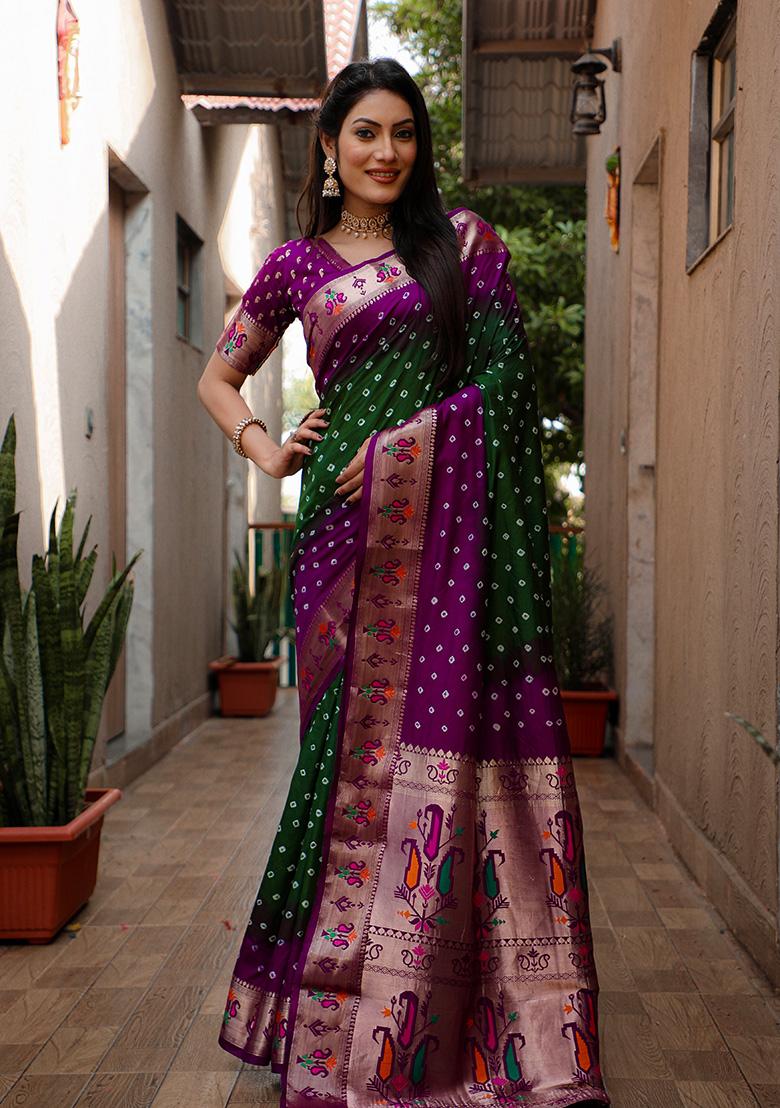 Green Bandhani Print Silk Saree Set