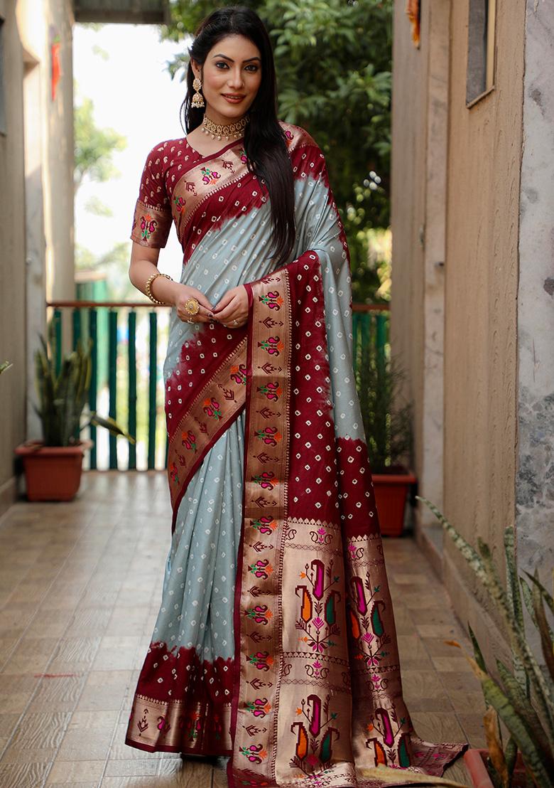 Grey Bandhani Print Silk Saree Set