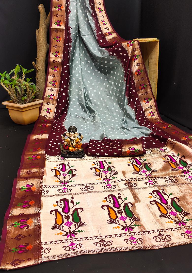 Grey Bandhani Print Silk Saree Set