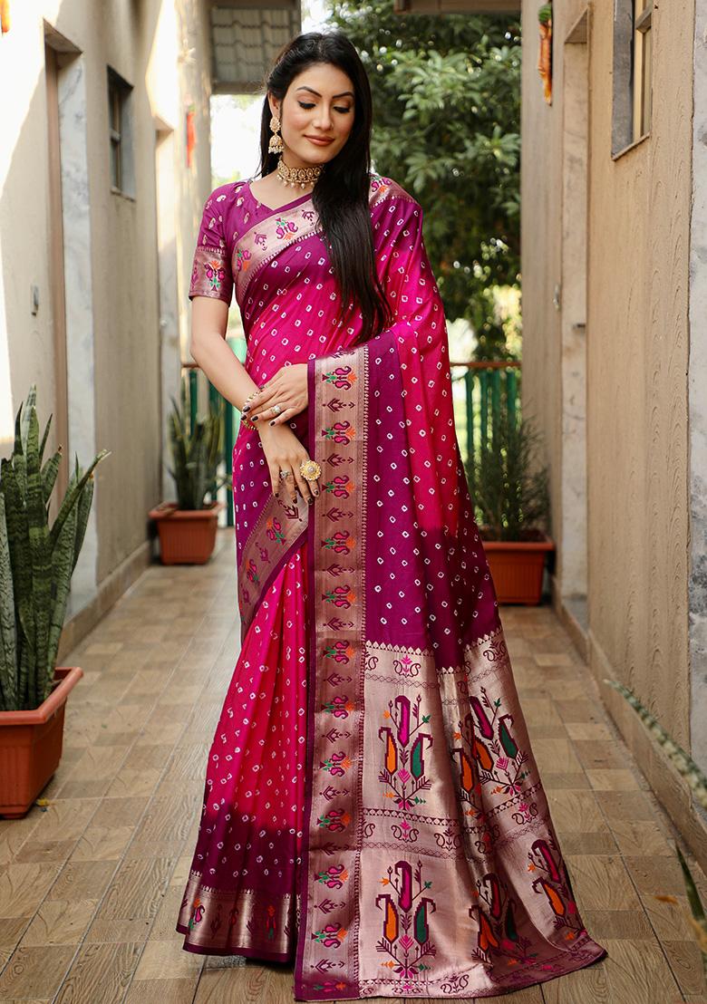 Pink Bandhani Print Silk Saree Set