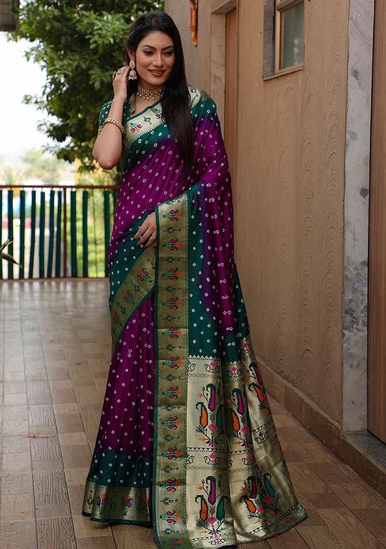 Purple Bandhani Print Silk Saree Set