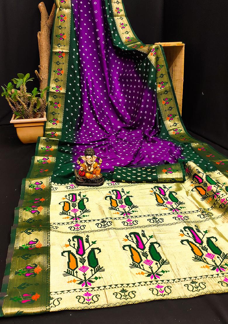 Purple Bandhani Print Silk Saree Set