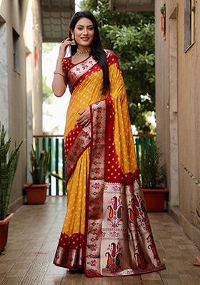 Yellow Bandhani Print Silk Saree Set