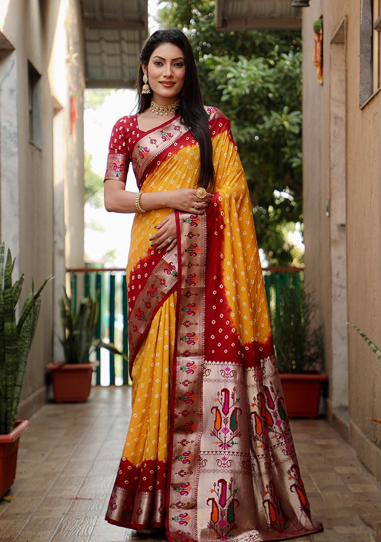 Yellow Bandhani Print Silk Saree Set
