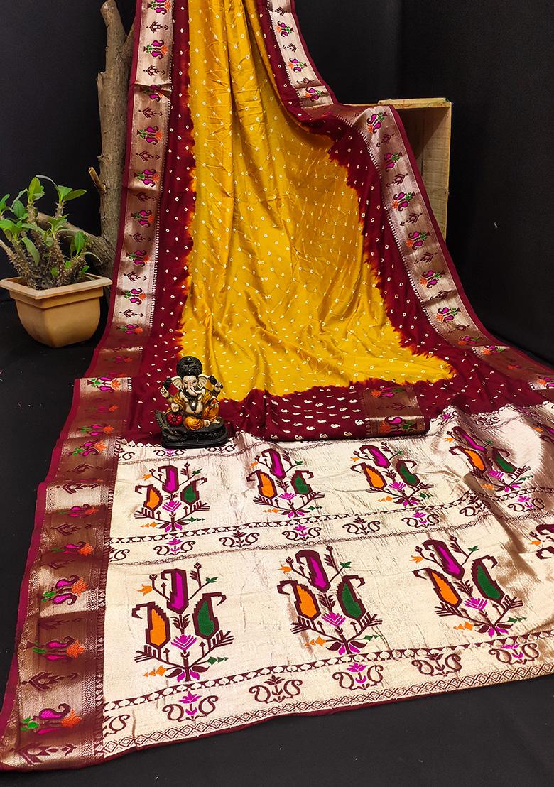 Yellow Bandhani Print Silk Saree Set