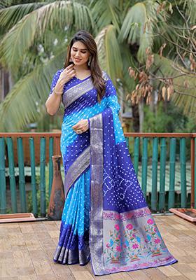 Blue Bandhani Print Silk Saree Set
