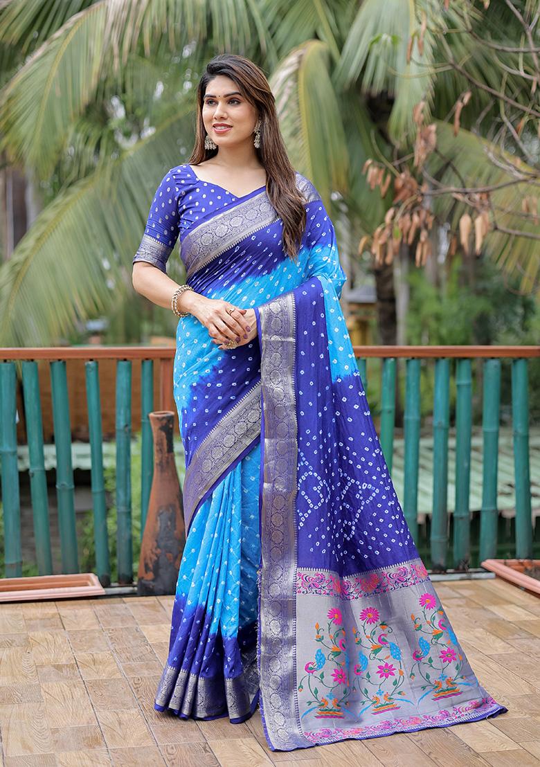 Blue Bandhani Print Silk Saree Set