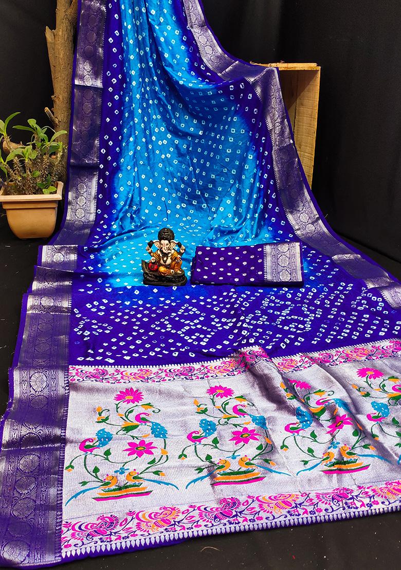 Blue Bandhani Print Silk Saree Set
