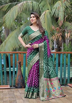 Green Bandhani Print Silk Saree Set