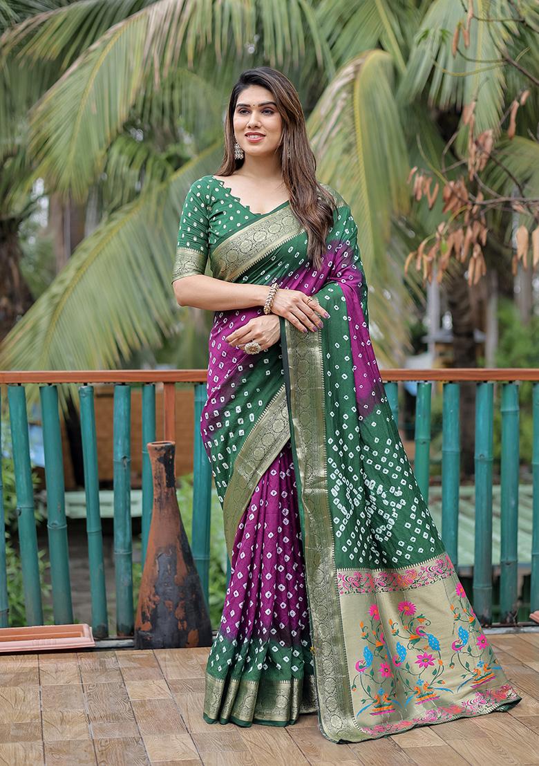 Green Bandhani Print Silk Saree Set