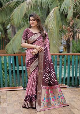 Maroon Bandhani Print Silk Saree Set