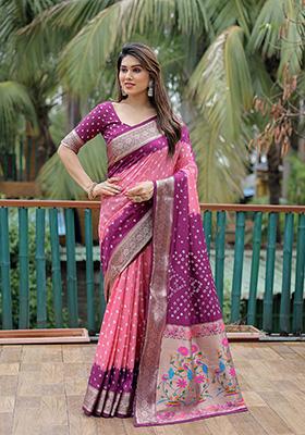 Pink Bandhani Print Silk Saree Set