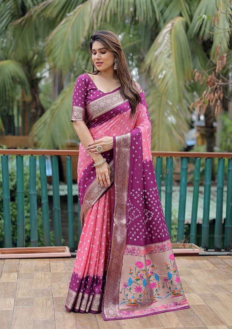 Pink Bandhani Print Silk Saree Set