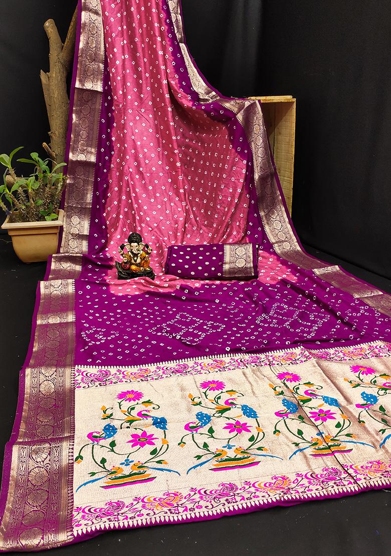 Pink Bandhani Print Silk Saree Set