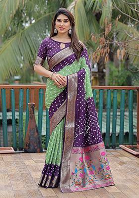 Purple Bandhani Print Silk Saree Set