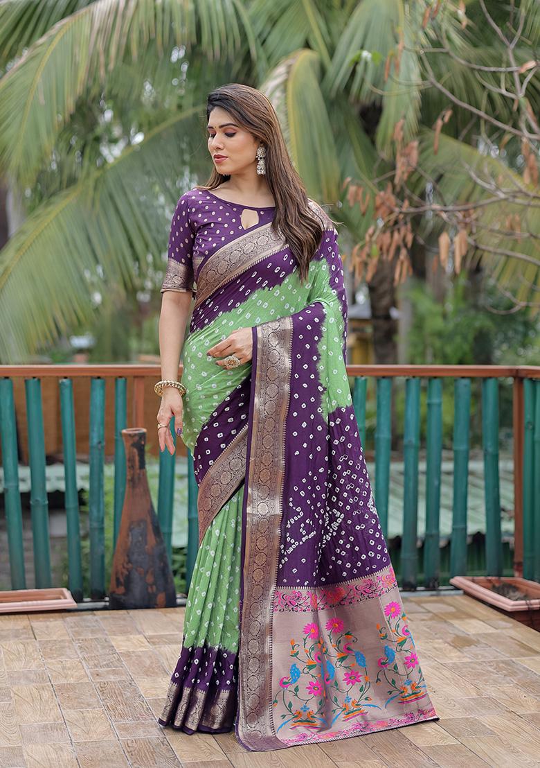 Purple Bandhani Print Silk Saree Set