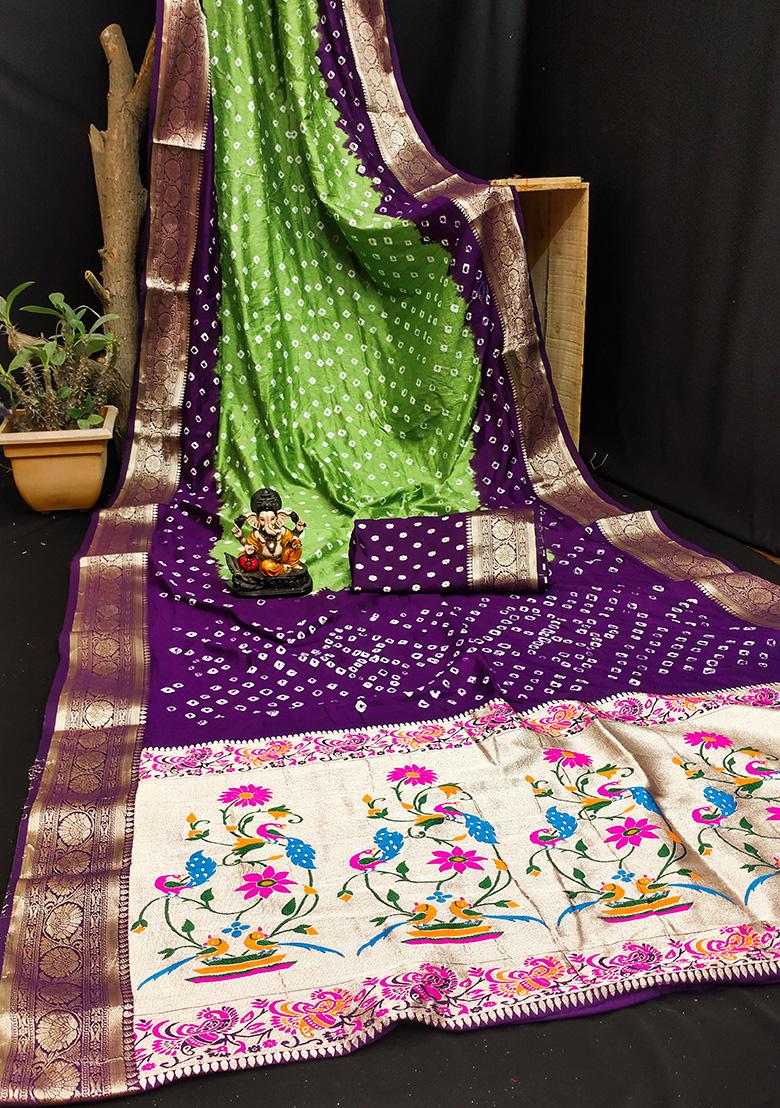 Purple Bandhani Print Silk Saree Set
