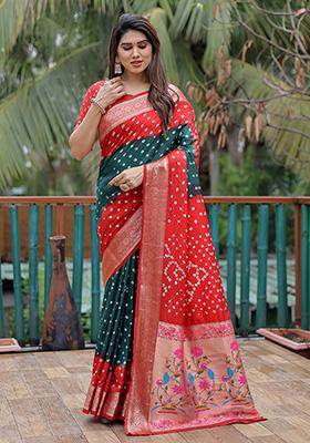 Red Bandhani Print Silk Saree Set