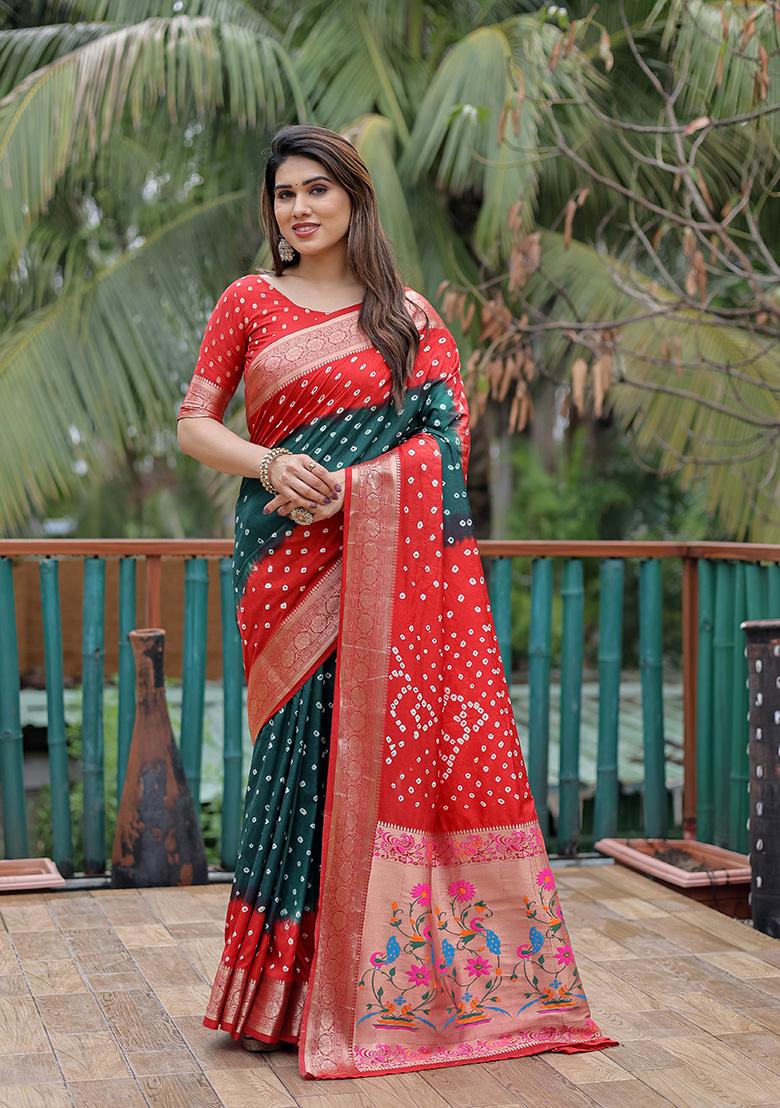 Red Bandhani Print Silk Saree Set