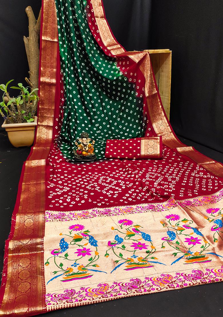 Red Bandhani Print Silk Saree Set
