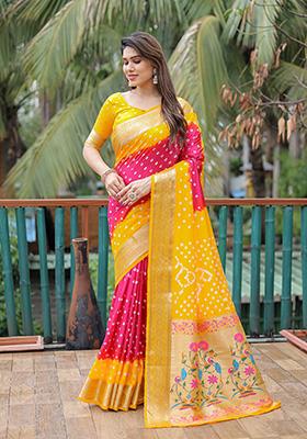 Yellow Bandhani Print Silk Saree Set