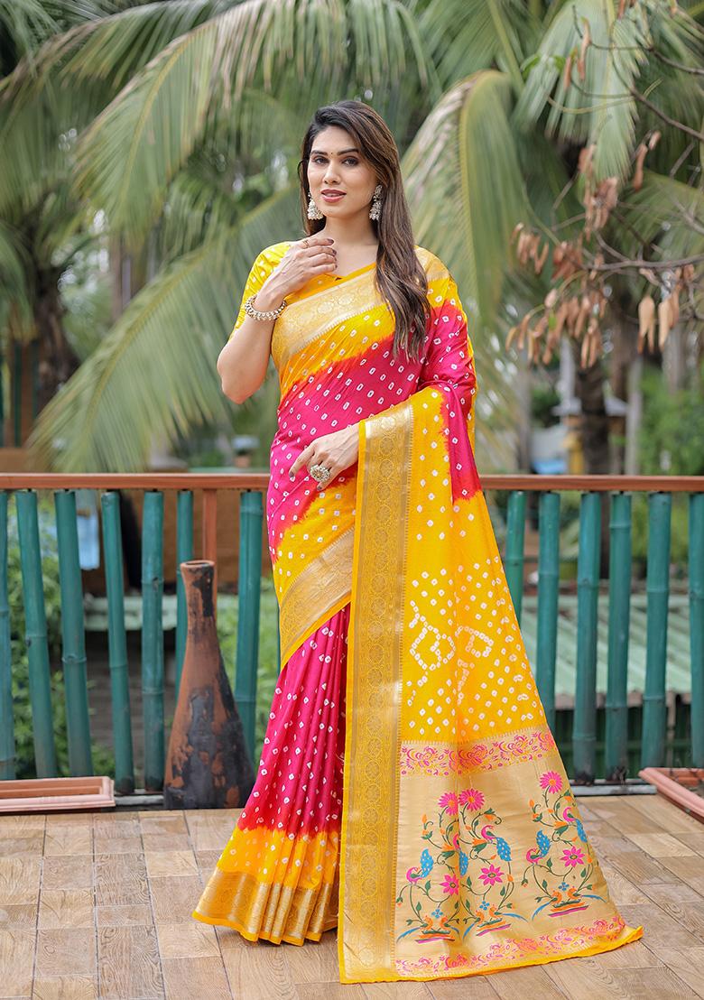 Yellow Bandhani Print Silk Saree Set