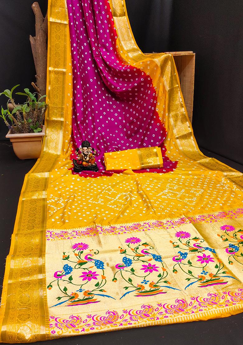 Yellow Bandhani Print Silk Saree Set